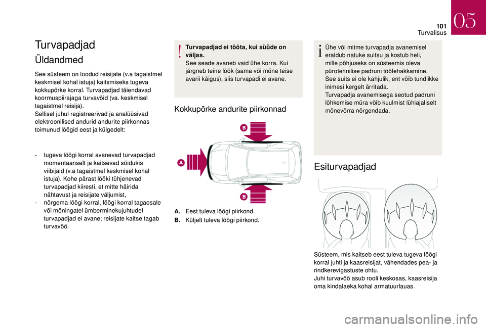 CITROEN DS3 2018 Kasutusjuhend (in Estonian) 101
Turvapadjad
Üldandmed
See süsteem on loodud reisijate (v.a tagaistmel
keskmisel kohal istuja) kaitsmiseks tugeva
kokkupõrke korral. Turvapadjad täiendavad
koormuspiirajaga turvavöid (va. CITROEN DS3 2018 Kasutusjuhend (in Estonian) 101
Turvapadjad
Üldandmed
See süsteem on loodud reisijate (v.a tagaistmel
keskmisel kohal istuja) kaitsmiseks tugeva
kokkupõrke korral. Turvapadjad täiendavad
koormuspiirajaga turvavöid (va.