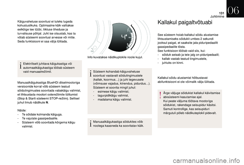 CITROEN DS3 CABRIO 2018  Kasutusjuhend (in Estonian) 131
Elektriliselt juhitava käigukastiga või 
automaatkäigukastiga töötab süsteem 
vaid
	m
anuaalrežiimil.
Manuaalkäigukastiga BlueHDi diiselmootoriga 
versioonide korral võib süsteem teatud 