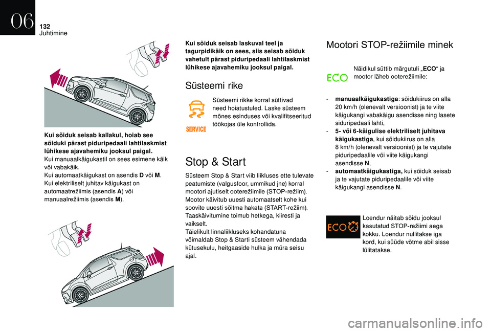 CITROEN DS3 2018 Kasutusjuhend (in Estonian) 132
Süsteemi rike
Süsteemi rikke korral süttivad
need hoiatustuled. Laske süsteem
mõnes esinduses või kvalifitseeritud
töökojas üle kontrollida.
Stop & Start
Süsteem Stop & Start viib lii CITROEN DS3 2018 Kasutusjuhend (in Estonian) 132
Süsteemi rike
Süsteemi rikke korral süttivad
need hoiatustuled. Laske süsteem
mõnes esinduses või kvalifitseeritud
töökojas üle kontrollida.
Stop & Start
Süsteem Stop & Start viib lii