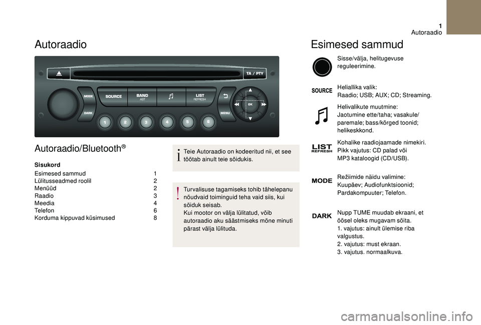 CITROEN DS3 2018 Kasutusjuhend (in Estonian) 1
Autoraadio
Autoraadio/Bluetooth®
Sisukord
Esimesed sammud
1
L
ülitusseadmed roolil
2
M
enüüd
2
R
aadio
3
M
eedia
4
T
elefon
6
K
orduma kippuvad küsimused
8T
eie Autor CITROEN DS3 2018 Kasutusjuhend (in Estonian) 1
Autoraadio
Autoraadio/Bluetooth®
Sisukord
Esimesed sammud
1
L
ülitusseadmed roolil
2
M
enüüd
2
R
aadio
3
M
eedia
4
T
elefon
6
K
orduma kippuvad küsimused
8T
eie Autor