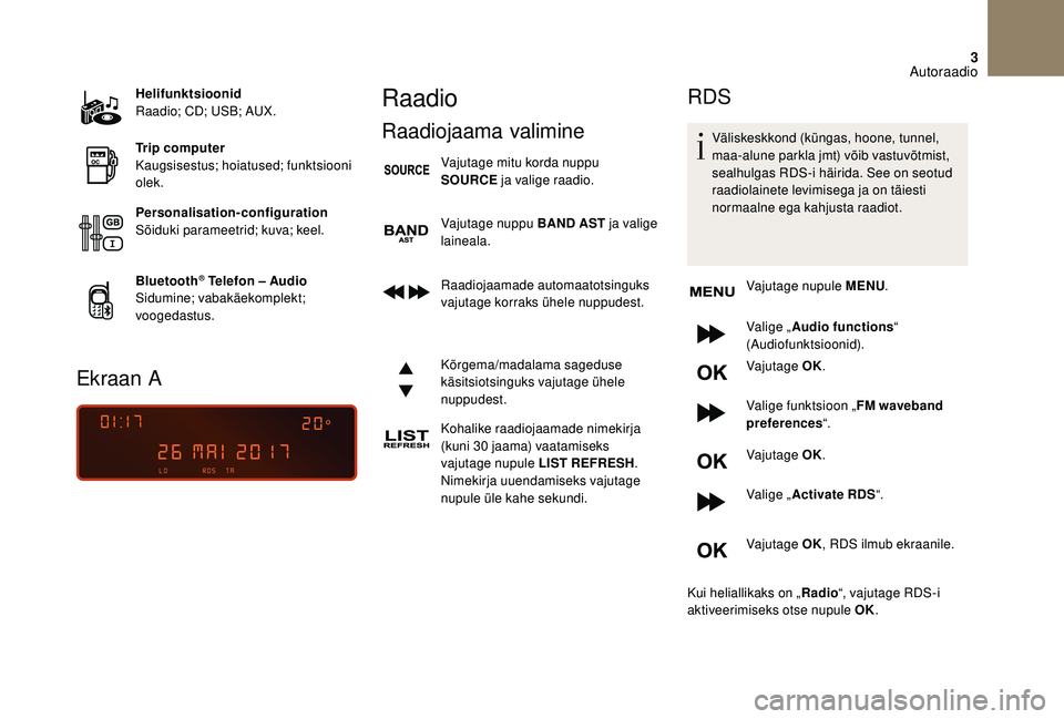 CITROEN DS3 2018 Kasutusjuhend (in Estonian) 3
Helifunktsioonid
Raadio; CD; USB; AUX.
Trip computer
Kaugsisestus; hoiatused; funktsiooni
olek.
Personalisation-configuration
Sõiduki parameetrid; kuva; keel.
Bluetooth
® Telefon – Audio
Sidumi CITROEN DS3 2018 Kasutusjuhend (in Estonian) 3
Helifunktsioonid
Raadio; CD; USB; AUX.
Trip computer
Kaugsisestus; hoiatused; funktsiooni
olek.
Personalisation-configuration
Sõiduki parameetrid; kuva; keel.
Bluetooth
® Telefon – Audio
Sidumi