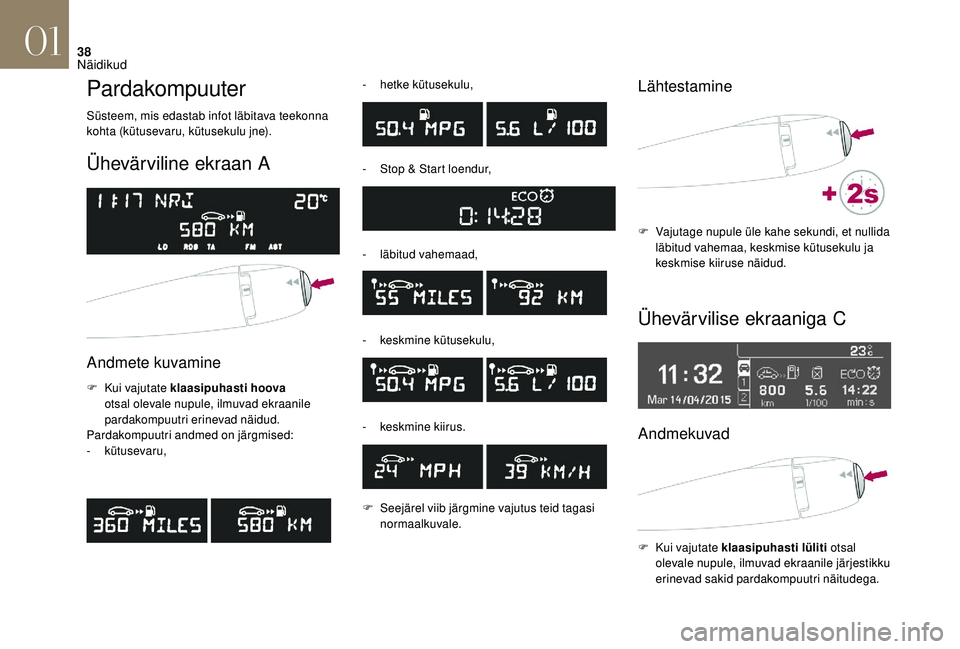 CITROEN DS3 2018 Kasutusjuhend (in Estonian) 38
Pardakompuuter
Süsteem, mis edastab infot läbitava teekonna
kohta (kütusevaru, kütusekulu jne).
Ühevärviline ekraan A
Andmete kuvamine
F Kui vajutate klaasipuhasti hoova
otsal olevale nupu CITROEN DS3 2018 Kasutusjuhend (in Estonian) 38
Pardakompuuter
Süsteem, mis edastab infot läbitava teekonna
kohta (kütusevaru, kütusekulu jne).
Ühevärviline ekraan A
Andmete kuvamine
F Kui vajutate klaasipuhasti hoova
otsal olevale nupu