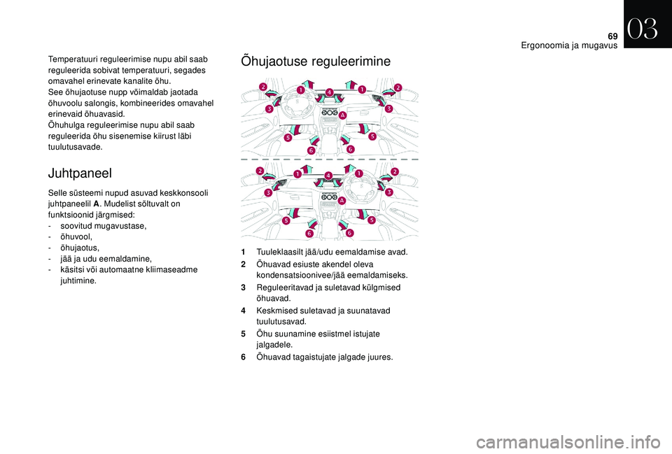 CITROEN DS3 CABRIO 2018  Kasutusjuhend (in Estonian) 69
Temperatuuri reguleerimise nupu abil saab 
reguleerida sobivat temperatuuri, segades 
omavahel erinevate kanalite õhu.
See õhujaotuse nupp võimaldab jaotada 
õhuvoolu salongis, kombineerides om
