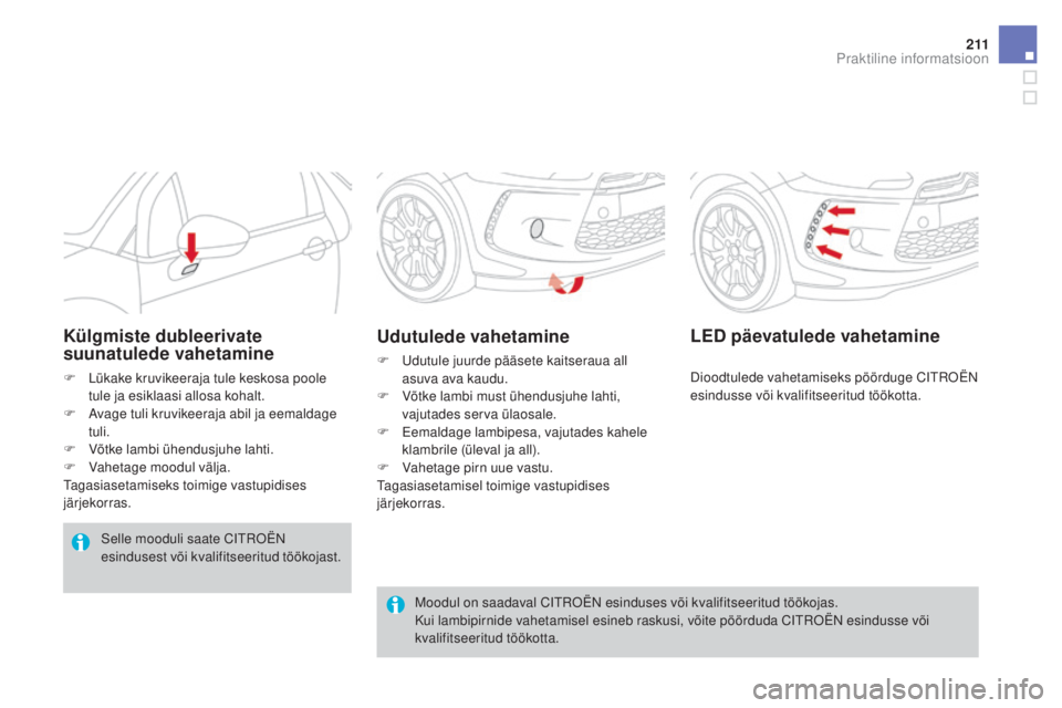 CITROEN DS3 2016 Kasutusjuhend (in Estonian) 2 11
DS3_et_Chap08_info-pratiques_ed01-2015
Moodul on saadaval CITROËN esinduses või kvalifitseeritud töökojas.
Kui lambipirnide vahetamisel esineb raskusi, võite pöörduda CITROËN esindusse v CITROEN DS3 2016 Kasutusjuhend (in Estonian) 2 11
DS3_et_Chap08_info-pratiques_ed01-2015
Moodul on saadaval CITROËN esinduses või kvalifitseeritud töökojas.
Kui lambipirnide vahetamisel esineb raskusi, võite pöörduda CITROËN esindusse v