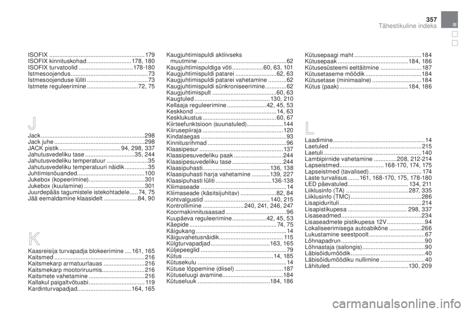 CITROEN DS3 2016 Kasutusjuhend (in Estonian) 357
DS3_et_Chap12_index-recherche_ed01-2015
Jack ...............................................................298
Jack juhe ....................................................... 298
JACK pistik
CITROEN DS3 2016 Kasutusjuhend (in Estonian) 357
DS3_et_Chap12_index-recherche_ed01-2015
Jack ...............................................................298
Jack juhe ....................................................... 298
JACK pistik