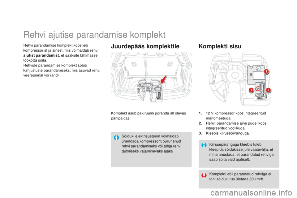 CITROEN DS3 2015 Kasutusjuhend (in Estonian) DS3_et_Chap10_info-pratiques_ed01-2014
Kiirusepiiranguga kleebis tuleb
kleepida sõidukisse juhi vaatevälja, et
mitte unustada, et parandatud rehviga
saab sõita vaid ajutiselt.
Komplekti sisu
1. CITROEN DS3 2015 Kasutusjuhend (in Estonian) DS3_et_Chap10_info-pratiques_ed01-2014
Kiirusepiiranguga kleebis tuleb
kleepida sõidukisse juhi vaatevälja, et
mitte unustada, et parandatud rehviga
saab sõita vaid ajutiselt.
Komplekti sisu
1.