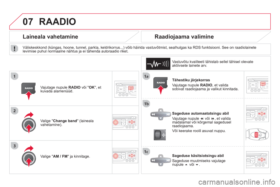 CITROEN DS3 2014  Kasutusjuhend (in Estonian) 07RAADIO 
   Tähestiku järjekorras
  Vajutage nupule  
RADIO, et validasobivat raadiojaama ja valikut kinnitada. 
   
Sa
geduse automaatotsingu abil
 
Vajutage nupule  �või  �, et validamadalamal