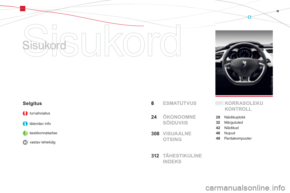 CITROEN DS3 2013  Kasutusjuhend (in Estonian)   Sisukord 
   
Sisukord  
 ESMATUTVUS KORRASOLEKU 
KONTROLL
28 Näidikuplokk
32 Märgutuled
42 Näidikud
46 Nupud
48 Pardakompuuter
Selgitus 
turvahoiatus
täiendav info
keskkonnakaitse 
 
vastav leh