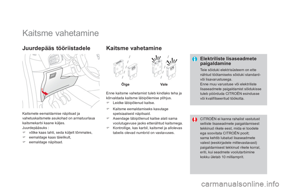 CITROEN DS3 2011  Kasutusjuhend (in Estonian)    
 
 
 
 
 
 
 
 
 
 
 
 
 
 
 
 
 
 
Kaitsme vahetamine 
 
 Elektriliste lisaseadmete paigaldamine 
 Te i e sõiduki elektrisüsteem on ettenähtud töötamiseks sõiduki standard-või lisavarustus