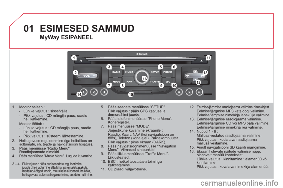 CITROEN DS3 2011 Kasutusjuhend (in Estonian) 01
11
55
101
22
334466
131
111
99
144155
77881212161
1. Mootor seisab :- Lühike vajutus : sisse/välja. - Pikk vajutus : CD mängija paus, raadioheli katkemine. Mootor töötab : - Lühike vajut CITROEN DS3 2011 Kasutusjuhend (in Estonian) 01
11
55
101
22
334466
131
111
99
144155
77881212161
1. Mootor seisab :- Lühike vajutus : sisse/välja. - Pikk vajutus : CD mängija paus, raadioheli katkemine. Mootor töötab : - Lühike vajut