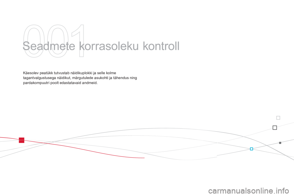 CITROEN DS3 2011  Kasutusjuhend (in Estonian) 001
  Seadmete korrasoleku kontroll  
Käesolev peatükk tutvustab näidikuplokki ja selle kolme
tagantvalgustusega näidikut, märgutulede asukohti ja tähendus ning pardakompuutri poolt edastatavaid