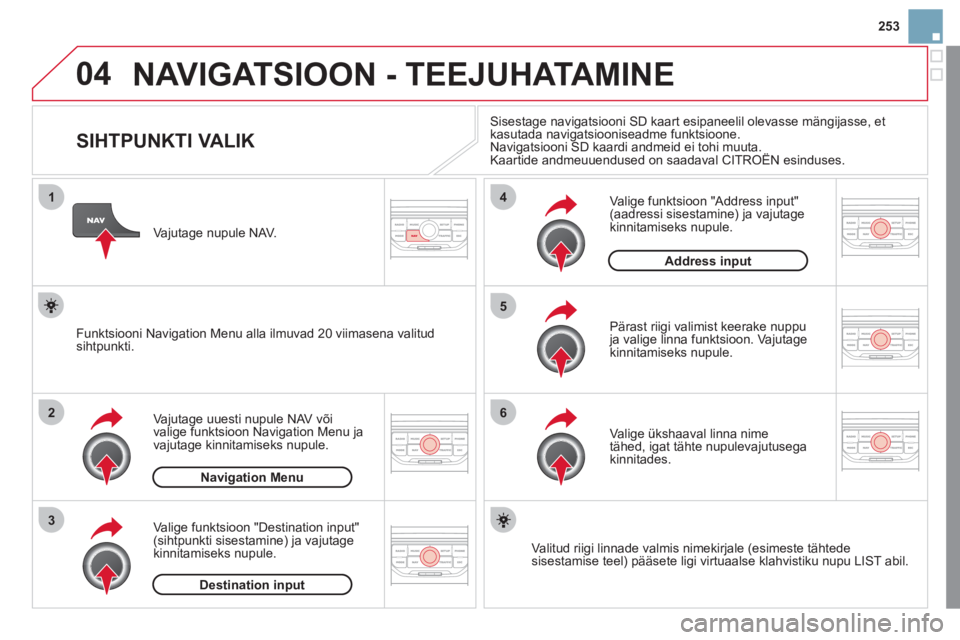 CITROEN DS3 2011 Kasutusjuhend (in Estonian) 04
1
2
3
5
6
4
253
NAVIGATSIOON - TEEJUHATAMINE
SIHTPUNKTI VALIK
Vajutage uuesti nupule NAV võivalige funktsioon Navigation Menu ja
vajutage kinnitamiseks nupule. CITROEN DS3 2011 Kasutusjuhend (in Estonian) 04
1
2
3
5
6
4
253
NAVIGATSIOON - TEEJUHATAMINE
SIHTPUNKTI VALIK
Vajutage uuesti nupule NAV võivalige funktsioon Navigation Menu ja
vajutage kinnitamiseks nupule.