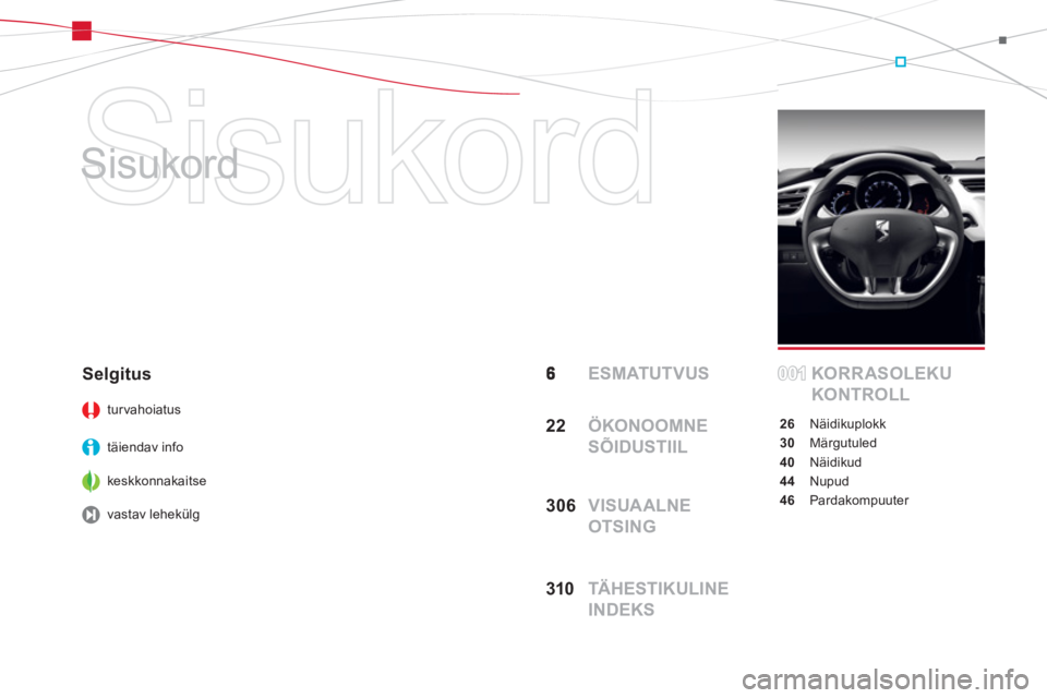 CITROEN DS3 2011  Kasutusjuhend (in Estonian)   Sisukord 
   
Sisukord  
 ESMATUTVUS KORR ASOLEKU 
KONTROLL
26Näidikuplokk
30 Märgutuled
40Näidikud
44Nupud
46 Pardakompuuter
Selgitus 
turvahoiatus
täiendav info
keskkonnakaitse 
 
vastav lehek