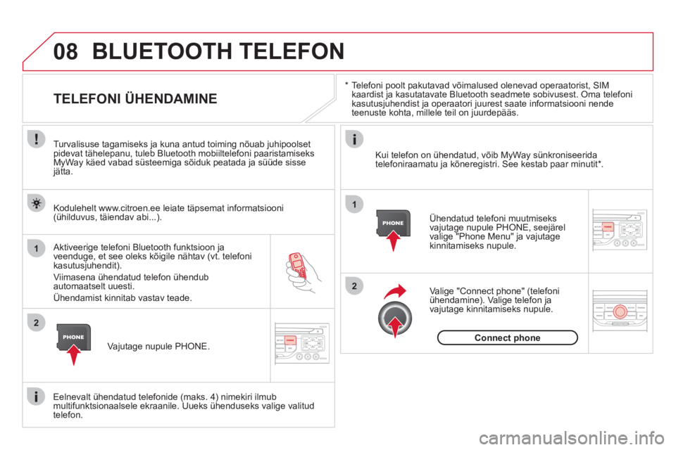 CITROEN DS3 2013 Kasutusjuhend (in Estonian) 08
1
2
2
1
*
Telefoni poolt pakutavad võimalused olenevad operaatorist, SIMkaardist ja kasutatavate Bluetooth seadmete sobivusest. Oma telefonikasutusjuhendist ja operaatori juurest saate inf CITROEN DS3 2013 Kasutusjuhend (in Estonian) 08
1
2
2
1
*
Telefoni poolt pakutavad võimalused olenevad operaatorist, SIMkaardist ja kasutatavate Bluetooth seadmete sobivusest. Oma telefonikasutusjuhendist ja operaatori juurest saate inf