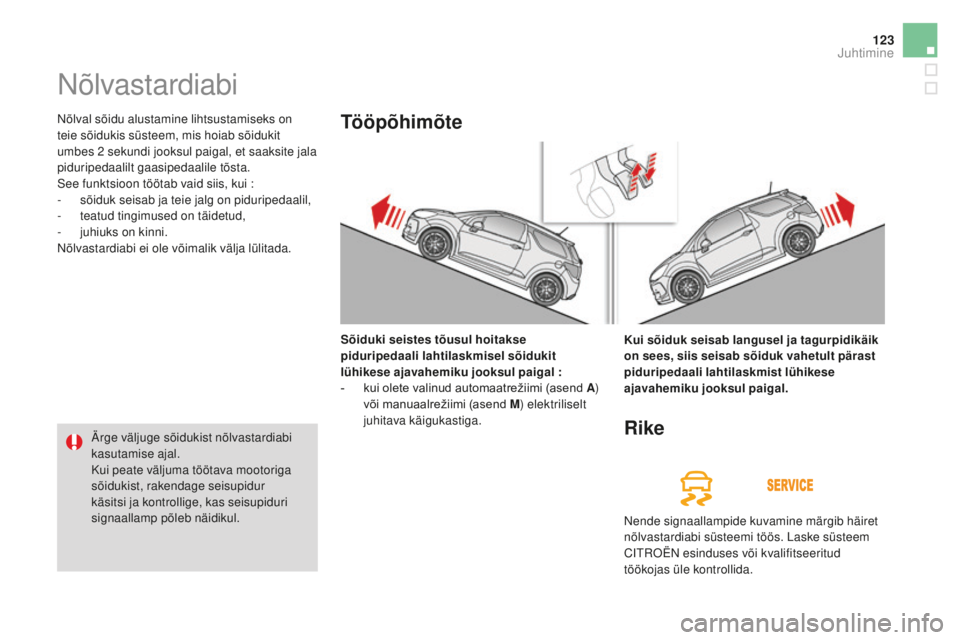 CITROEN DS3 CABRIO 2017 Kasutusjuhend (in Estonian) 123
DS3_et_Chap04_conduite_ed02-2015
Nõlvastardiabi
Nõlval sõidu alustamine lihtsustamiseks on
teie sõidukis süsteem, mis hoiab sõidukit
umbes 2
s
ekundi jooksul paigal, et saaksite jala
pid CITROEN DS3 CABRIO 2017 Kasutusjuhend (in Estonian) 123
DS3_et_Chap04_conduite_ed02-2015
Nõlvastardiabi
Nõlval sõidu alustamine lihtsustamiseks on
teie sõidukis süsteem, mis hoiab sõidukit
umbes 2
s
ekundi jooksul paigal, et saaksite jala
pid