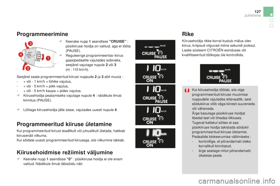 CITROEN DS3 CABRIO 2017 Kasutusjuhend (in Estonian) 127
DS3_et_Chap04_conduite_ed02-2015
Programmeerimine
F Keerake nupp 1 asendisse "CRUISE" :
p üsikiiruse hoidja on valitud, aga ei tööta
(PAUS E).
F
Re
guleerige programmeeritav kiirus CITROEN DS3 CABRIO 2017 Kasutusjuhend (in Estonian) 127
DS3_et_Chap04_conduite_ed02-2015
Programmeerimine
F Keerake nupp 1 asendisse "CRUISE" :
p üsikiiruse hoidja on valitud, aga ei tööta
(PAUS E).
F
Re
guleerige programmeeritav kiirus