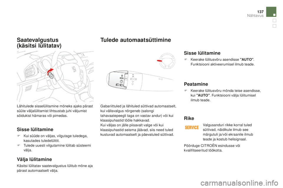 CITROEN DS3 CABRIO 2017 Kasutusjuhend (in Estonian) 137
DS3_et_Chap05_visibilite_ed02-2015
Lähitulede sisselülitamine mõneks ajaks pärast
süüte väljalülitamist lihtsustab juhi väljumist
sõidukist hämaras või pimedas.
Sisse lülitamine
F K CITROEN DS3 CABRIO 2017 Kasutusjuhend (in Estonian) 137
DS3_et_Chap05_visibilite_ed02-2015
Lähitulede sisselülitamine mõneks ajaks pärast
süüte väljalülitamist lihtsustab juhi väljumist
sõidukist hämaras või pimedas.
Sisse lülitamine
F K