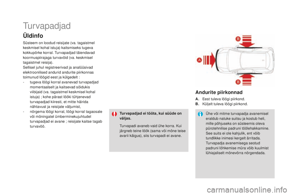 CITROEN DS3 CABRIO 2017 Kasutusjuhend (in Estonian) DS3_et_Chap06_securite_ed02-2015
Turvapadjad
Üldinfo
Süsteem on loodud reisijate (va. tagaistmel
keskmisel kohal istuja) kaitsmiseks tugeva
kokkupõrke korral. Turvapadjad täiendavad
koormuspiir CITROEN DS3 CABRIO 2017 Kasutusjuhend (in Estonian) DS3_et_Chap06_securite_ed02-2015
Turvapadjad
Üldinfo
Süsteem on loodud reisijate (va. tagaistmel
keskmisel kohal istuja) kaitsmiseks tugeva
kokkupõrke korral. Turvapadjad täiendavad
koormuspiir