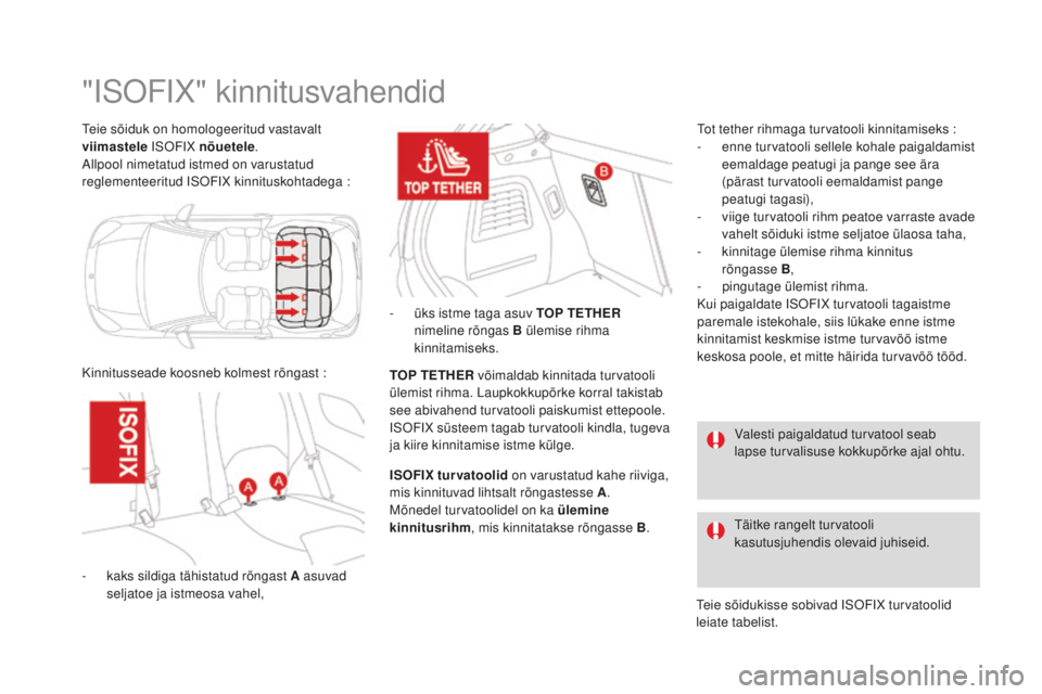 CITROEN DS3 CABRIO 2017 Kasutusjuhend (in Estonian) DS3_et_Chap07_securite-enfants_ed02-2015
Teie sõiduk on homologeeritud vastavalt
viimastele ISOFIX nõuetele.
Allpool nimetatud istmed on varustatud
reglementeeritud ISOFIX kinnituskohtadega
:
CITROEN DS3 CABRIO 2017 Kasutusjuhend (in Estonian) DS3_et_Chap07_securite-enfants_ed02-2015
Teie sõiduk on homologeeritud vastavalt
viimastele ISOFIX nõuetele.
Allpool nimetatud istmed on varustatud
reglementeeritud ISOFIX kinnituskohtadega
:
