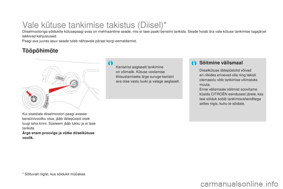 CITROEN DS3 CABRIO 2017  Kasutusjuhend (in Estonian) DS3_et_Chap08_info-pratiques_ed02-2015
Vale kütuse tankimise takistus (Diisel)*Diiselmootoriga sõidukite kütusepaagi avas on mehhaaniline seade, mis ei lase paaki bensiini tankida. Seade hoiab ära