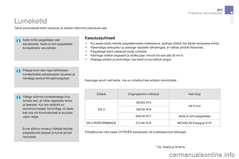 CITROEN DS3 CABRIO 2017 Kasutusjuhend (in Estonian) 2 11
DS3_et_Chap08_info-pratiques_ed02-2015
Enne sõitma minekut võiksite kettide
paigaldamist tasasel ja kuival pinnal
harjutada.
Lumeketid
Talvel parandavad ketid veojõudu ja sõiduki käitumist CITROEN DS3 CABRIO 2017 Kasutusjuhend (in Estonian) 2 11
DS3_et_Chap08_info-pratiques_ed02-2015
Enne sõitma minekut võiksite kettide
paigaldamist tasasel ja kuival pinnal
harjutada.
Lumeketid
Talvel parandavad ketid veojõudu ja sõiduki käitumist