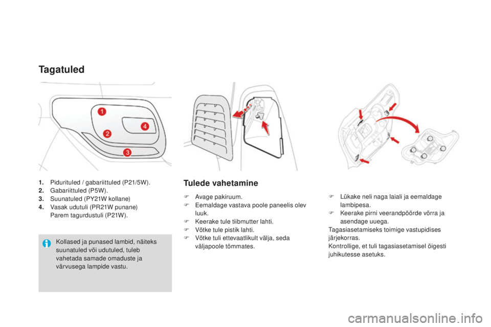 CITROEN DS3 CABRIO 2017 Kasutusjuhend (in Estonian) DS3_et_Chap08_info-pratiques_ed02-2015
1. Pidurituled / gabariittuled (P21/5W).
2. Ga bariittuled (P5W).
3.
Su
unatuled (PY21W kollane)
4.
Va
sak udutuli (PR21W punane)
Par
em tagurdustuli (P CITROEN DS3 CABRIO 2017 Kasutusjuhend (in Estonian) DS3_et_Chap08_info-pratiques_ed02-2015
1. Pidurituled / gabariittuled (P21/5W).
2. Ga bariittuled (P5W).
3.
Su
unatuled (PY21W kollane)
4.
Va
sak udutuli (PR21W punane)
Par
em tagurdustuli (P