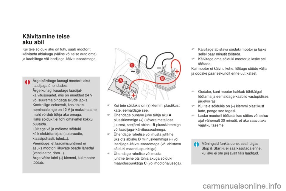 CITROEN DS3 CABRIO 2017 Kasutusjuhend (in Estonian) DS3_et_Chap08_info-pratiques_ed02-2015
Mõningaid funktsioone, sealhulgas
Stop & Start-i, ei saa kasutada enne,
kui aku ei ole piisavalt täis laaditud.
Ärge käivitage kunagi mootorit akut
laadij CITROEN DS3 CABRIO 2017 Kasutusjuhend (in Estonian) DS3_et_Chap08_info-pratiques_ed02-2015
Mõningaid funktsioone, sealhulgas
Stop & Start-i, ei saa kasutada enne,
kui aku ei ole piisavalt täis laaditud.
Ärge käivitage kunagi mootorit akut
laadij