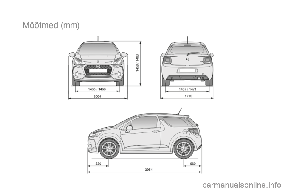 CITROEN DS3 CABRIO 2017 Kasutusjuhend (in Estonian) DS3_et_Chap10_caracteristiques_ed02-2015
M õ õt m e d (m m) CITROEN DS3 CABRIO 2017 Kasutusjuhend (in Estonian) DS3_et_Chap10_caracteristiques_ed02-2015
M õ õt m e d (m m)