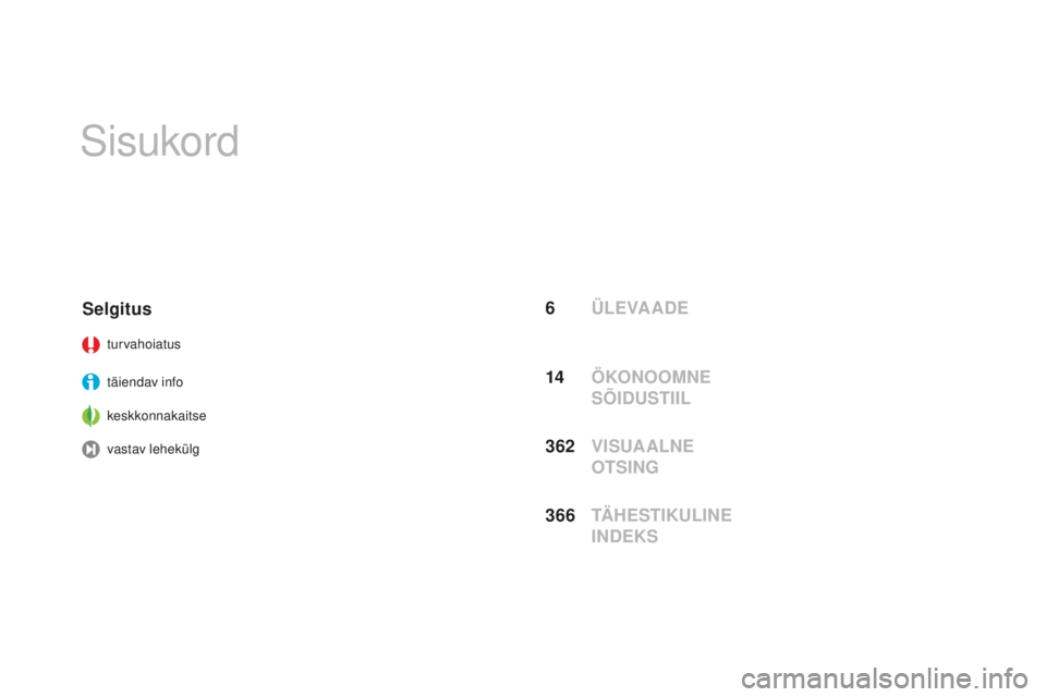 CITROEN DS3 CABRIO 2017  Kasutusjuhend (in Estonian) DS3_et_Chap00a_sommaire_ed02-2015
Sisukord
6 ÜLE VA A D E
S
elgitus
turvahoiatus
täiendav info
keskkonnakaitse
vastav lehekülg
362 VISUA ALNE 
OT
SING
14
 ÖKO

NOO
mNE 
SõID

USTIIL
366  TÄ

HES