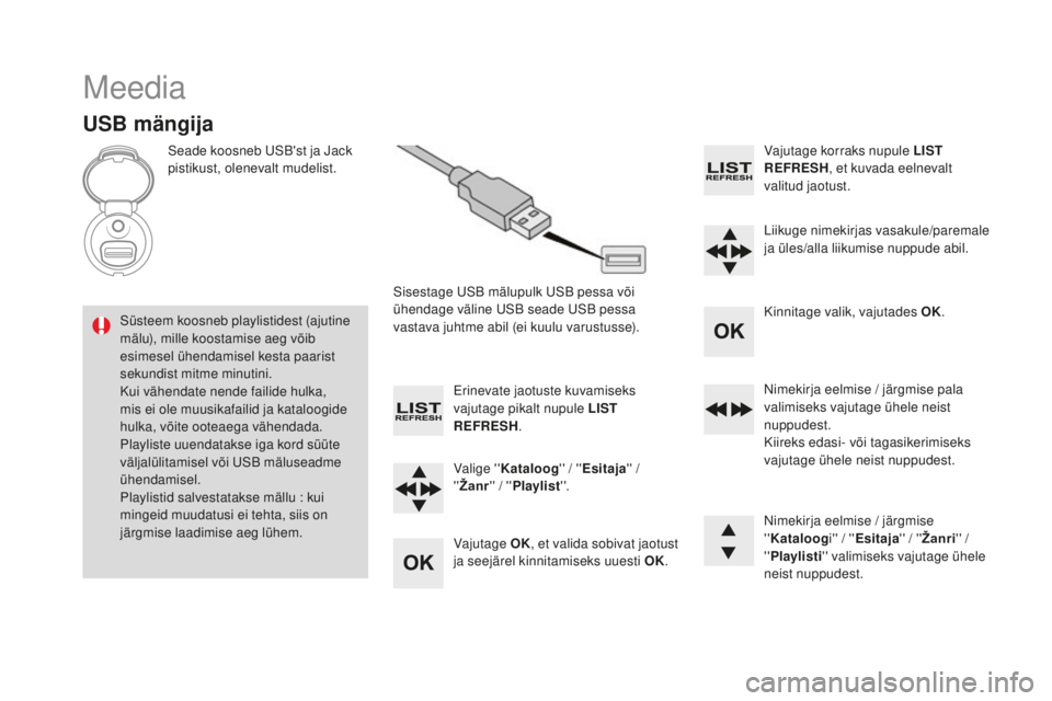 CITROEN DS3 CABRIO 2017 Kasutusjuhend (in Estonian) DS3_et_Chap11d_RD45_ed02-2015
Meedia
USB mängija
Seade koosneb USB'st ja Jack
pistikust, olenevalt mudelist.Sisestage USB mälupulk USB pessa või
ühendage väline USB seade USB pessa
vastava CITROEN DS3 CABRIO 2017 Kasutusjuhend (in Estonian) DS3_et_Chap11d_RD45_ed02-2015
Meedia
USB mängija
Seade koosneb USB'st ja Jack
pistikust, olenevalt mudelist.Sisestage USB mälupulk USB pessa või
ühendage väline USB seade USB pessa
vastava