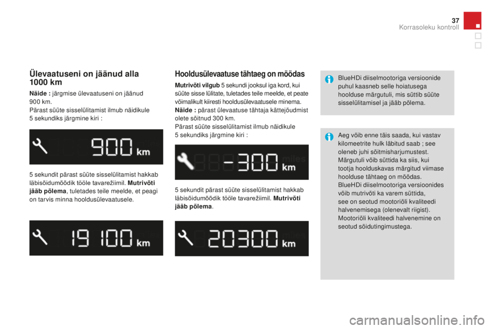 CITROEN DS3 CABRIO 2017 Kasutusjuhend (in Estonian) 37
DS3_et_Chap01_controle-de-marche_ed02-2015
Ülevaatuseni on jäänud alla
1000 km
Näide : järgmise ülevaatuseni on jäänud
900 k
m.
Pärast süüte sisselülitamist ilmub näidikule
5
s
ek CITROEN DS3 CABRIO 2017 Kasutusjuhend (in Estonian) 37
DS3_et_Chap01_controle-de-marche_ed02-2015
Ülevaatuseni on jäänud alla
1000 km
Näide : järgmise ülevaatuseni on jäänud
900 k
m.
Pärast süüte sisselülitamist ilmub näidikule
5
s
ek