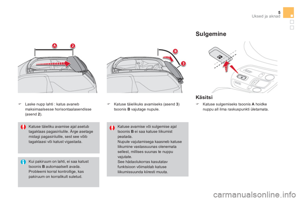 CITROEN DS3 CABRIO 2017  Kasutusjuhend (in Estonian) 5Uksed ja aknad
   
Katuse täieliku avamise ajal asetub 
tagaklaas pagasiriiulile. Ärge asetage 
midagi pagasiriiulile, sest see võib 
tagaklaasi või katust vigastada.  
   
Kui pakiruum on lahti,