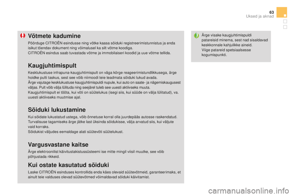 CITROEN DS3 CABRIO 2017 Kasutusjuhend (in Estonian) 63
DS3_et_Chap02_ouvertures_ed02-2015
Ärge visake kaugjuhtimispuldi
patareisid minema, sest nad sisaldavad
keskkonnale kahjulikke aineid.
Viige patareid spetsiaalsesse
kogumispunkti.Võtmete kadum CITROEN DS3 CABRIO 2017 Kasutusjuhend (in Estonian) 63
DS3_et_Chap02_ouvertures_ed02-2015
Ärge visake kaugjuhtimispuldi
patareisid minema, sest nad sisaldavad
keskkonnale kahjulikke aineid.
Viige patareid spetsiaalsesse
kogumispunkti.Võtmete kadum