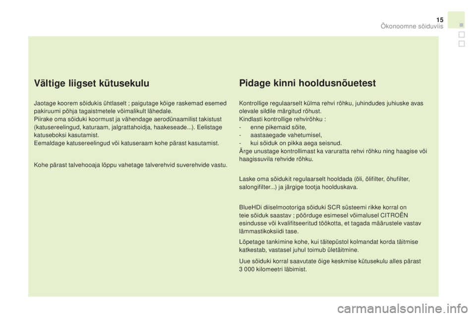 CITROEN DS3 CABRIO 2016  Kasutusjuhend (in Estonian) 15
DS3_et_Chap00c_eco-conduite_ed01-2015
Vältige liigset kütusekulu
Jaotage koorem sõidukis ühtlaselt ; paigutage kõige raskemad esemed 
pa kiruumi põhja tagaistmetele võimalikult lähedale.
Pi