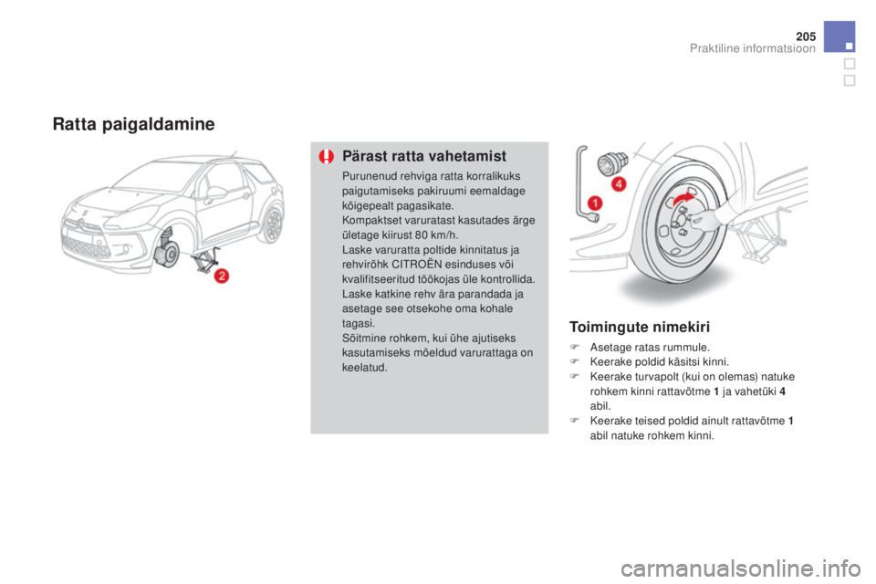 CITROEN DS3 CABRIO 2016 Kasutusjuhend (in Estonian) 205
DS3_et_Chap08_info-pratiques_ed01-2015
Ratta paigaldamine
Pärast ratta vahetamist
Purunenud rehviga ratta korralikuks
paigutamiseks pakiruumi eemaldage
kõigepealt pagasikate.
Kompaktset varura CITROEN DS3 CABRIO 2016 Kasutusjuhend (in Estonian) 205
DS3_et_Chap08_info-pratiques_ed01-2015
Ratta paigaldamine
Pärast ratta vahetamist
Purunenud rehviga ratta korralikuks
paigutamiseks pakiruumi eemaldage
kõigepealt pagasikate.
Kompaktset varura