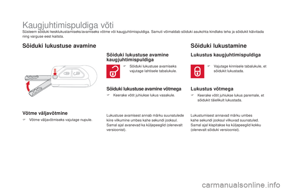 CITROEN DS3 CABRIO 2016  Kasutusjuhend (in Estonian) DS3_et_Chap02_ouvertures_ed01-2015
Kaugjuhtimispuldiga võtiSüsteem sõiduki kesklukustamiseks/avamiseks võtme või kaugjuhtimispuldiga. Samuti võimaldab sõiduki asukohta kindlaks teha ja sõiduki