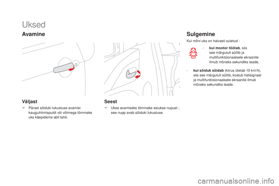 CITROEN DS3 CABRIO 2016  Kasutusjuhend (in Estonian) DS3_et_Chap02_ouvertures_ed01-2015
Uksed
Avamine
Väljast
F Pärast sõiduki lukustuse avamist kaugjuhtimispuldi või võtmega tõmmake 
uks käepideme abil lahti.
Seest
F Ukse avamiseks tõmmake esiu