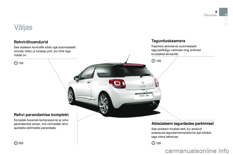 CITROEN DS3 CABRIO 2015 Kasutusjuhend (in Estonian) 9
DS3_et_Chap00b_vue-ensemble_ed01-2014
Rehvirõhuandurid
See süsteem kontrollib sõidu ajal automaatselt
rehvide rõhku ja hoiatab juhti, kui rõhk liiga
madal on.150
202
Rehvi parandamise komplek CITROEN DS3 CABRIO 2015 Kasutusjuhend (in Estonian) 9
DS3_et_Chap00b_vue-ensemble_ed01-2014
Rehvirõhuandurid
See süsteem kontrollib sõidu ajal automaatselt
rehvide rõhku ja hoiatab juhti, kui rõhk liiga
madal on.150
202
Rehvi parandamise komplek