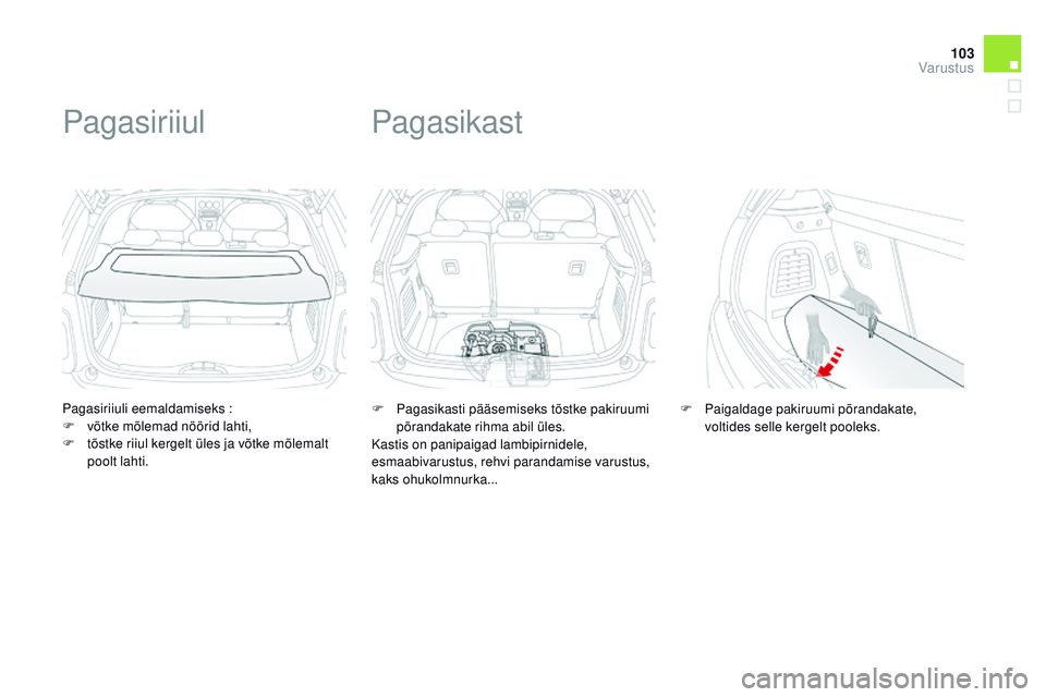 CITROEN DS3 CABRIO 2015  Kasutusjuhend (in Estonian) 103
DS3_et_Chap05_amenagement_ed01-2014
Pagasiriiuli eemaldamiseks :
F  v õtke mõlemad nöörid lahti,
F
 
t
 õstke riiul kergelt üles ja võtke mõlemalt 
poolt lahti.
Pagasiriiul
F Pagasikasti p