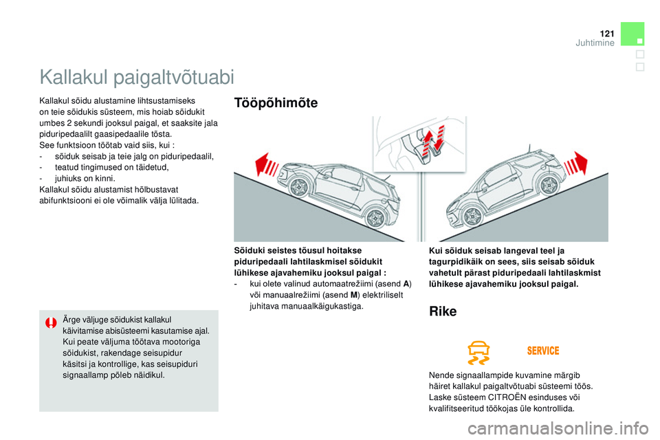 CITROEN DS3 CABRIO 2015  Kasutusjuhend (in Estonian) 121
DS3_et_Chap06_conduite_ed01-2014
Kallakul paigaltvõtuabi
Kallakul sõidu alustamine lihtsustamiseks 
on teie sõidukis süsteem, mis hoiab sõidukit 
umbes 2 sekundi jooksul paigal, et saaksite j