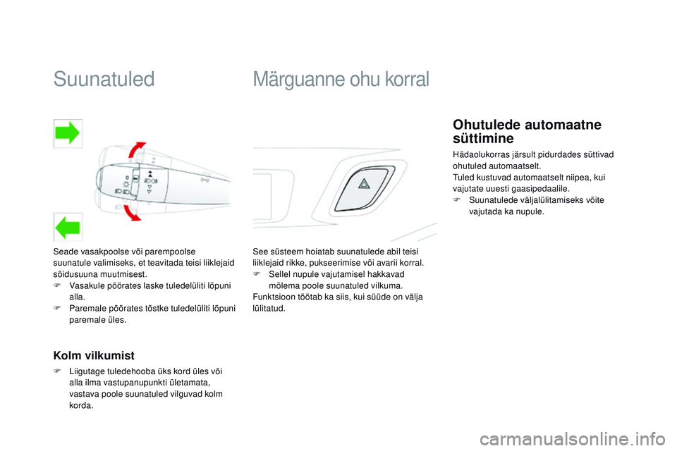 CITROEN DS3 CABRIO 2015  Kasutusjuhend (in Estonian) Suunatuled
Seade vasakpoolse või parempoolse 
suunatule valimiseks, et teavitada teisi liiklejaid 
sõidusuuna muutmisest.
F 
V
 asakule pöörates laske tuledelüliti lõpuni 
alla.
F
 
P
 aremale p