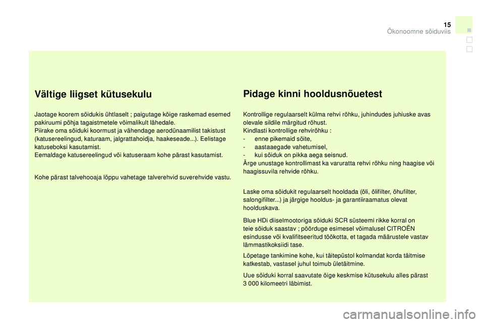 CITROEN DS3 CABRIO 2015 Kasutusjuhend (in Estonian) 15
DS3_et_Chap00c_eco-conduite_ed01-2014
Vältige liigset kütusekulu
jaotage koorem sõidukis ühtlaselt ; paigutage kõige raskemad esemed
pakiruumi põhja tagaistmetele võimalikult lähedale.
Pii CITROEN DS3 CABRIO 2015 Kasutusjuhend (in Estonian) 15
DS3_et_Chap00c_eco-conduite_ed01-2014
Vältige liigset kütusekulu
jaotage koorem sõidukis ühtlaselt ; paigutage kõige raskemad esemed
pakiruumi põhja tagaistmetele võimalikult lähedale.
Pii