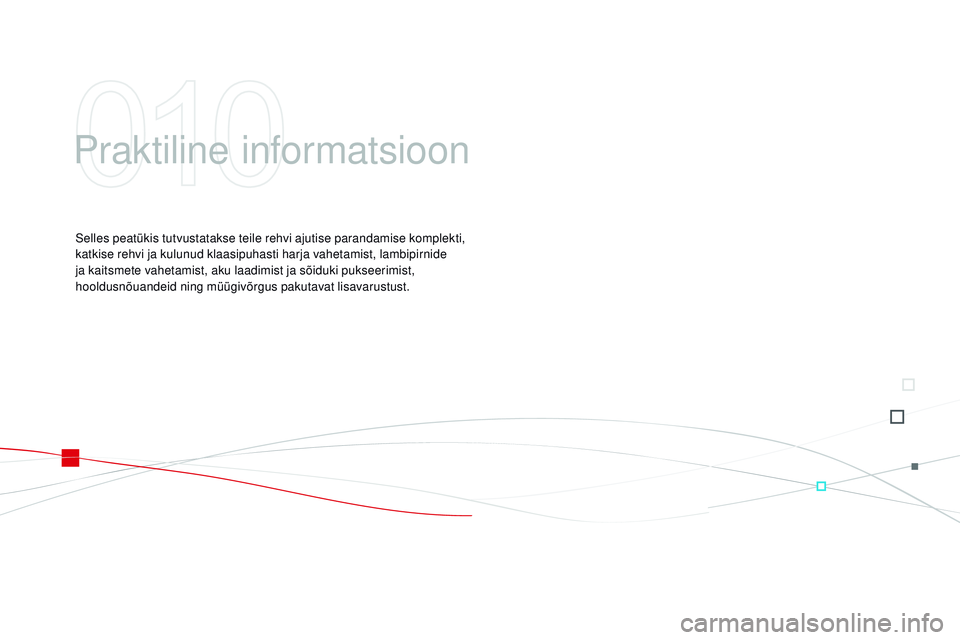 CITROEN DS3 CABRIO 2015  Kasutusjuhend (in Estonian) DS3_et_Chap10_info-pratiques_ed01-2014
Praktiline informatsioon
Selles peatükis tutvustatakse teile rehvi ajutise parandamise komplekti, 
katkise rehvi ja kulunud klaasipuhasti harja vahetamist, lamb