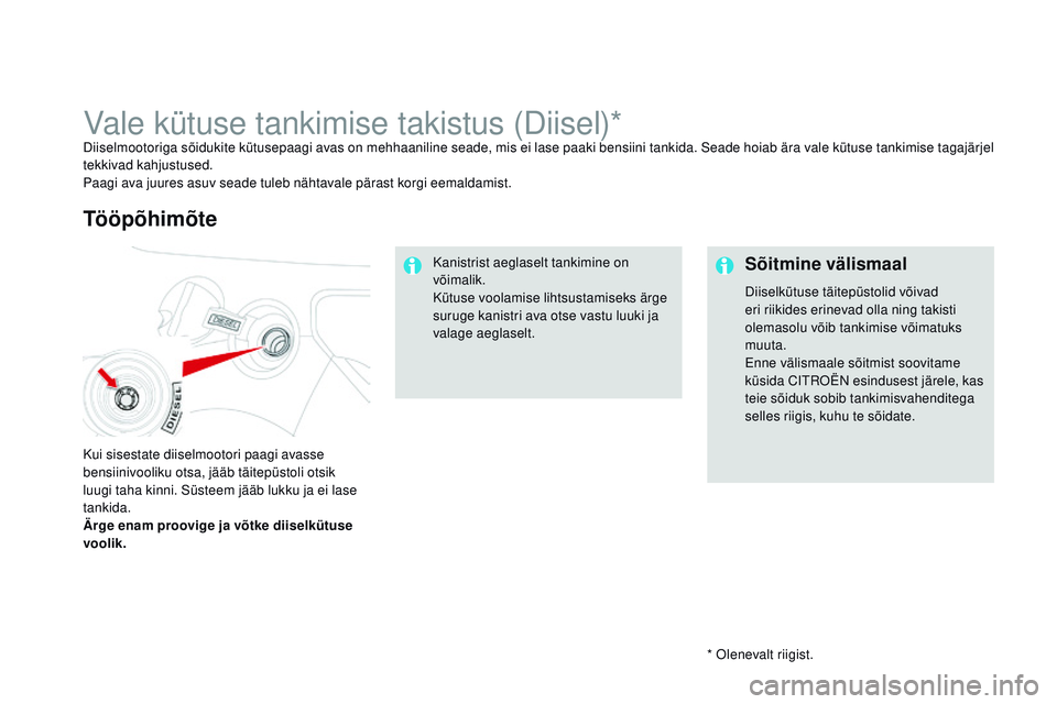 CITROEN DS3 CABRIO 2015 Kasutusjuhend (in Estonian) DS3_et_Chap10_info-pratiques_ed01-2014
* olenevalt riigist.
Vale kütuse tankimise takistus (Diisel)*Diiselmootoriga sõidukite kütusepaagi avas on mehhaaniline seade, mis ei lase paaki bensiini tank CITROEN DS3 CABRIO 2015 Kasutusjuhend (in Estonian) DS3_et_Chap10_info-pratiques_ed01-2014
* olenevalt riigist.
Vale kütuse tankimise takistus (Diisel)*Diiselmootoriga sõidukite kütusepaagi avas on mehhaaniline seade, mis ei lase paaki bensiini tank