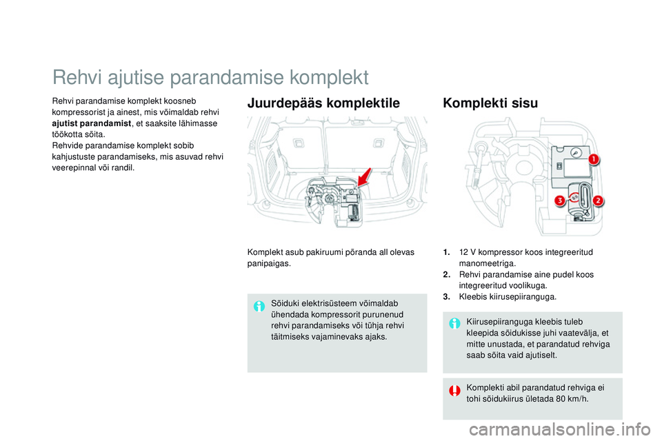 CITROEN DS3 CABRIO 2015  Kasutusjuhend (in Estonian) DS3_et_Chap10_info-pratiques_ed01-2014
Kiirusepiiranguga kleebis tuleb 
kleepida sõidukisse juhi vaatevälja, et 
mitte unustada, et parandatud rehviga 
saab sõita vaid ajutiselt.
Komplekti sisu
1. 