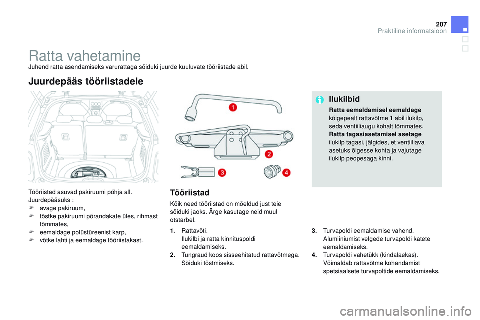 CITROEN DS3 CABRIO 2015  Kasutusjuhend (in Estonian) 207
DS3_et_Chap10_info-pratiques_ed01-2014
ratta vahetaminejuhend ratta asendamiseks varurattaga sõiduki juurde kuuluvate tööriistade abil.
tö
öriistad asuvad pakiruumi põhja all.
ju

urdepääs