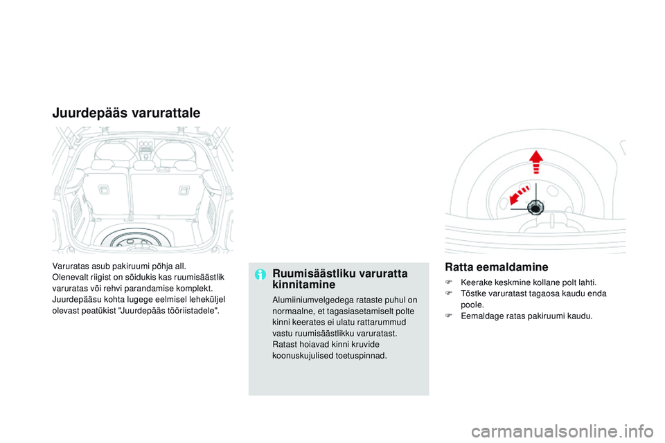 CITROEN DS3 CABRIO 2015  Kasutusjuhend (in Estonian) DS3_et_Chap10_info-pratiques_ed01-2014
Varuratas asub pakiruumi põhja all.olenevalt riigist on sõidukis kas ruumisäästlik 
varuratas või rehvi parandamise komplekt.
juur

depääsu kohta lugege e