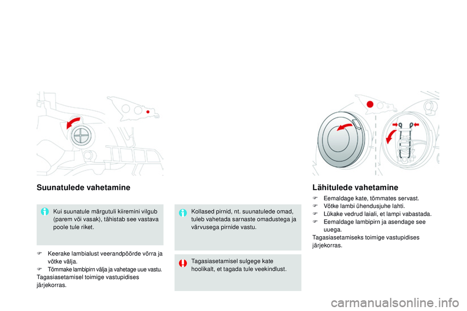 CITROEN DS3 CABRIO 2015  Kasutusjuhend (in Estonian) DS3_et_Chap10_info-pratiques_ed01-2014
Suunatulede vahetamine
Kui suunatule märgutuli kiiremini vilgub 
(parem või vasak), tähistab see vastava 
poole tule riket.
F
 
K

eerake lambialust veerandp