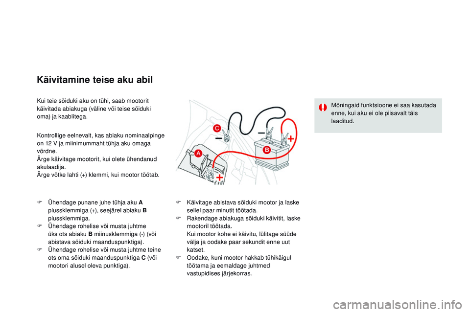 CITROEN DS3 CABRIO 2015  Kasutusjuhend (in Estonian) DS3_et_Chap10_info-pratiques_ed01-2014
Kui teie sõiduki aku on tühi, saab mootorit 
käivitada abiakuga (väline või teise sõiduki 
oma) ja kaablitega.
Käivitamine teise aku abil
Kontrollige eeln