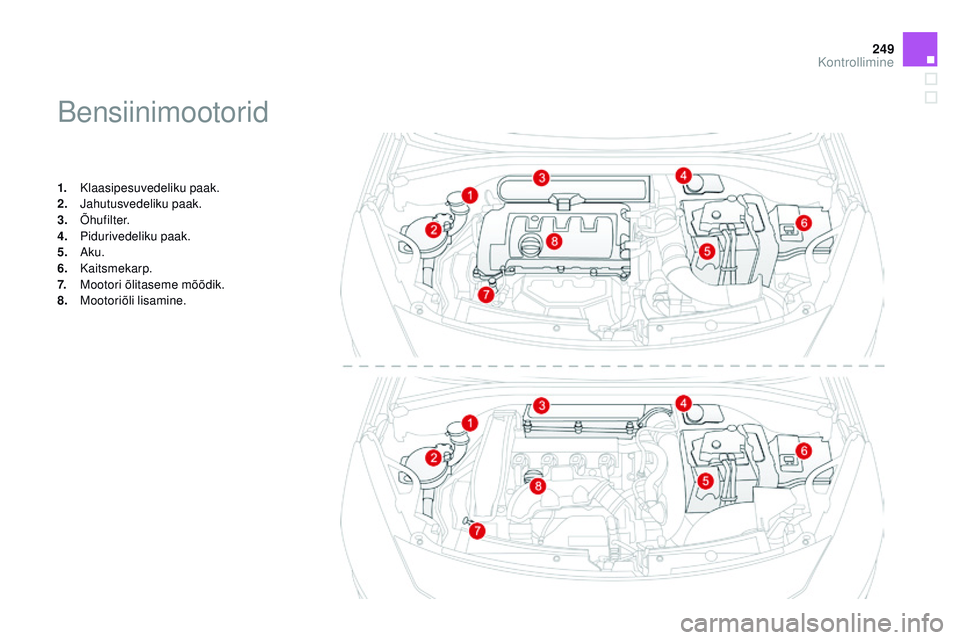CITROEN DS3 CABRIO 2015  Kasutusjuhend (in Estonian) 249
DS3_et_Chap11_verifications_ed01-2014
Bensiinimootorid
1. Klaasipesuvedeliku paak.
2. ja hutusvedeliku paak.
3.
 

Õhufilter.
4.
 P

idurivedeliku paak.
5.
 ak

u.
6.
 

Kaitsmekarp.
7.
 

m
o
 o